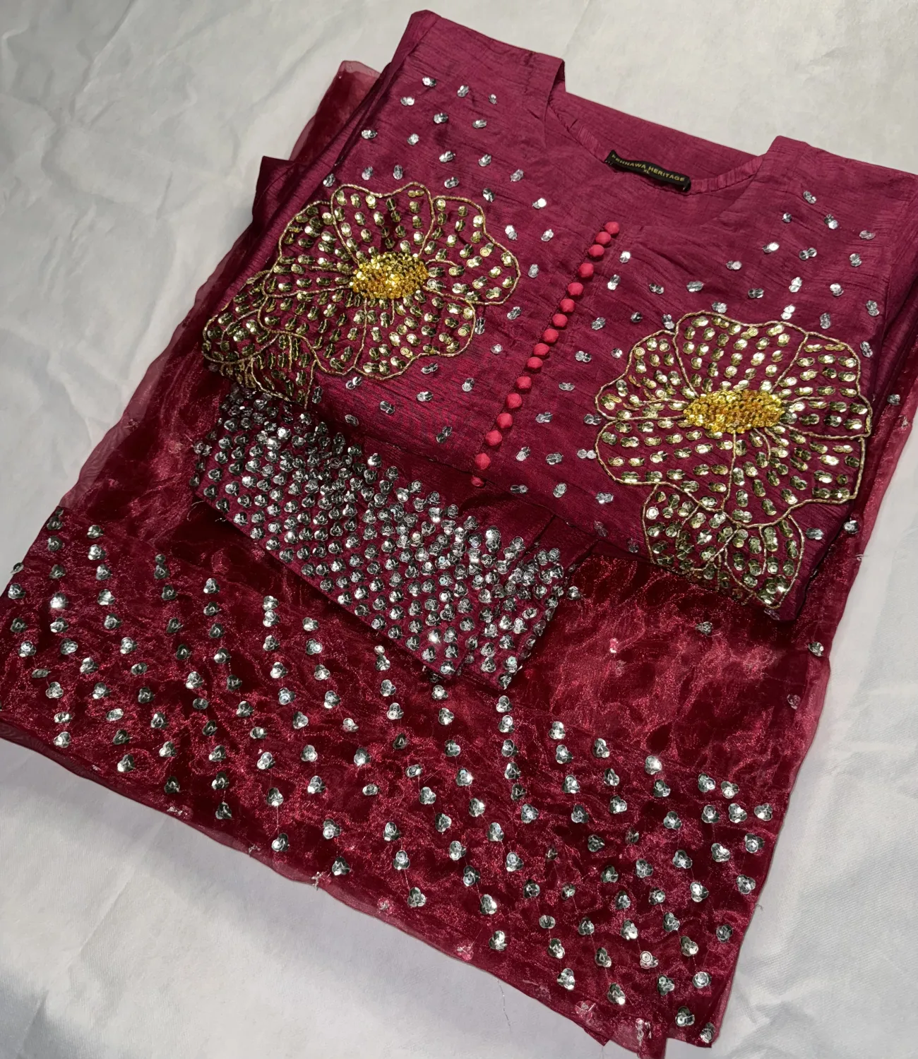 3PC RAW SILK SUIT WITH ORGANZA DUPATTA image not found