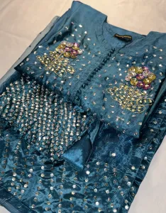 3PC RAW SILK SUIT WITH ORGANZA DUPATTA image not found