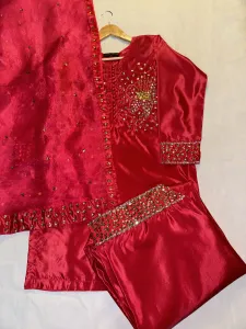 3PC RAW SILK SUIT WITH ORGANZA DUPATTA image not found